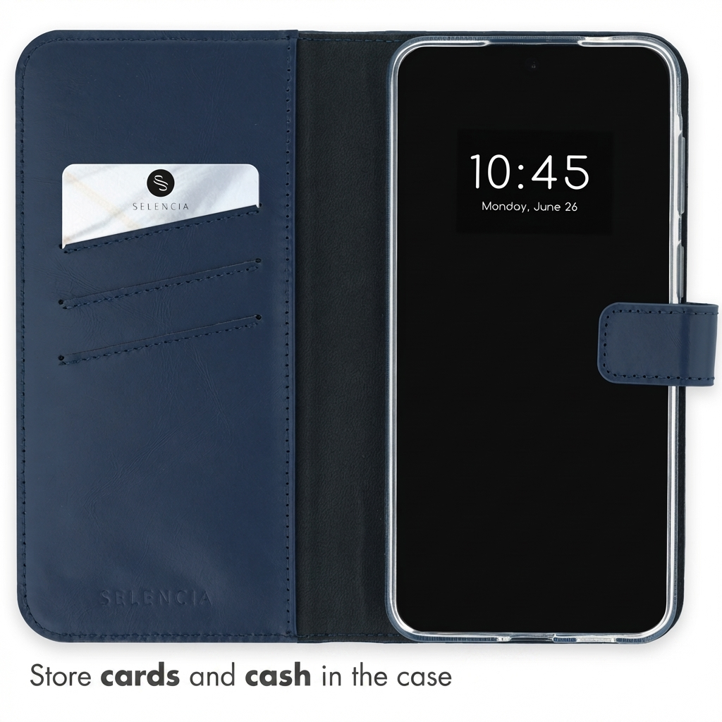 Un étui de téléphone en cuir bleu avec fente pour carte et un téléphone affichant 10h45.
