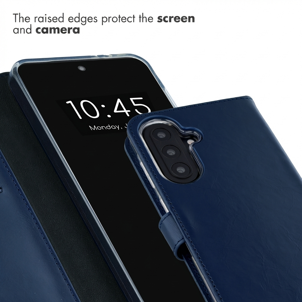 Étui de téléphone bleu avec des bords surélevés pour protéger l'écran et la caméra.