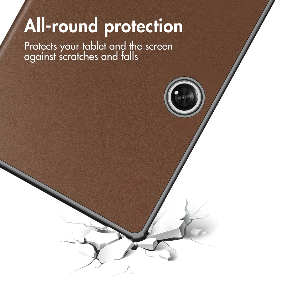 Brown tablet case with camera cutout above a cracked white floor. Text advertises all-round protection.