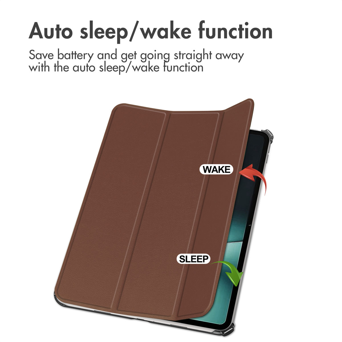 Brown tablet case demonstrating the auto sleep and wake function with directional arrows.
