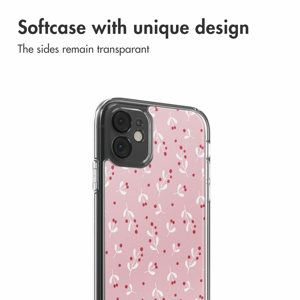 Una custodia rosa per telefono con foglie bianche e bacche rosse.