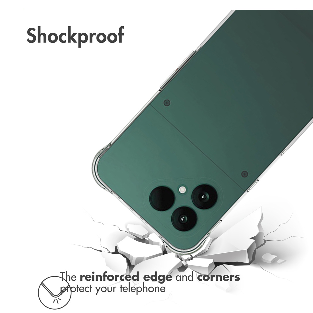 Groene smartphone in doorzichtige hoes raakt gebroken grond. Tekst: Shockproof en versterkte rand.