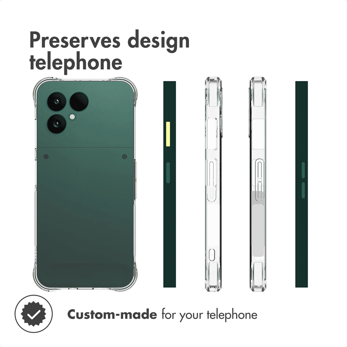 Groene smartphone in een doorzichtige beschermhoes vanuit meerdere hoeken.