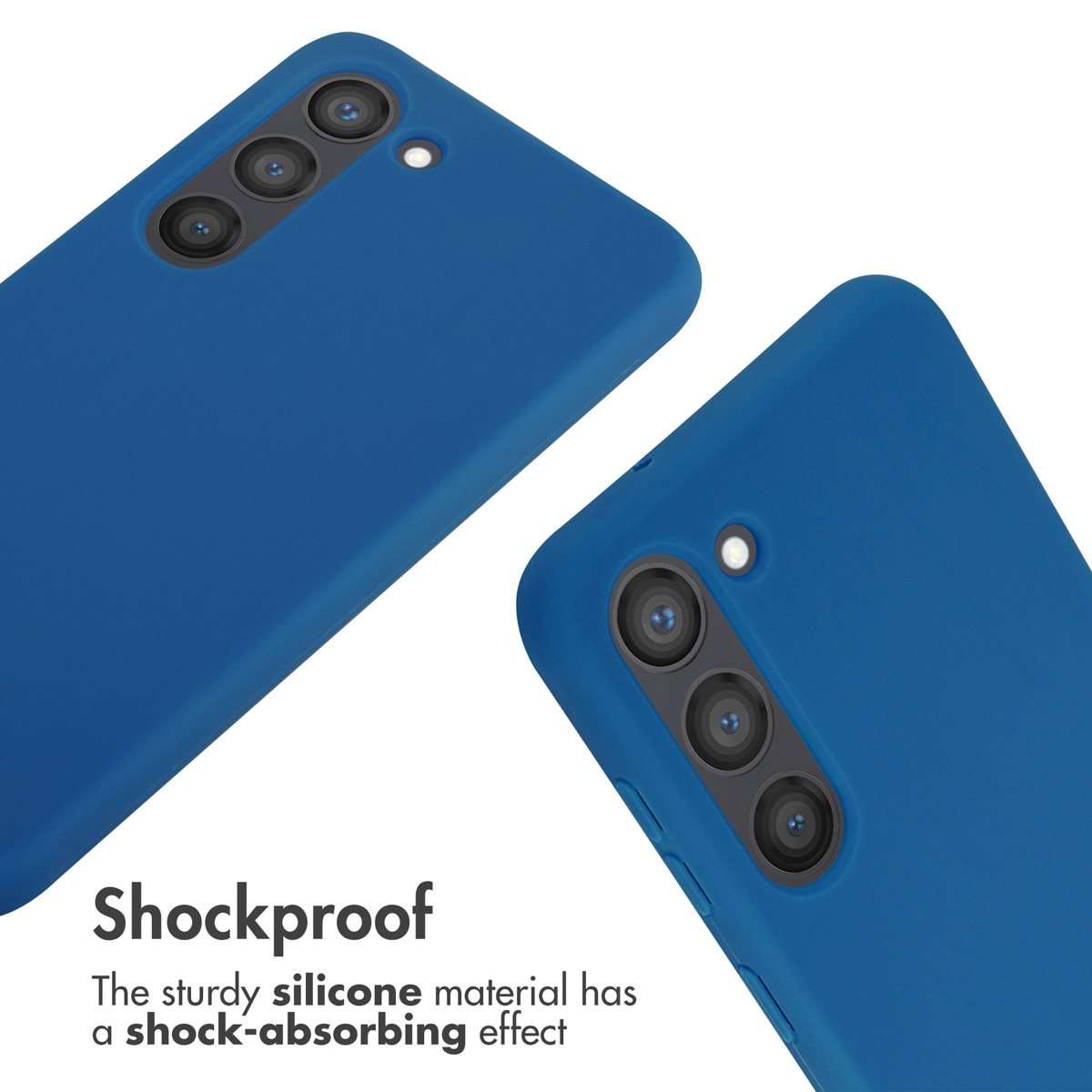 Due cover per telefono in silicone blu con ritagli per tre fotocamere e testo.