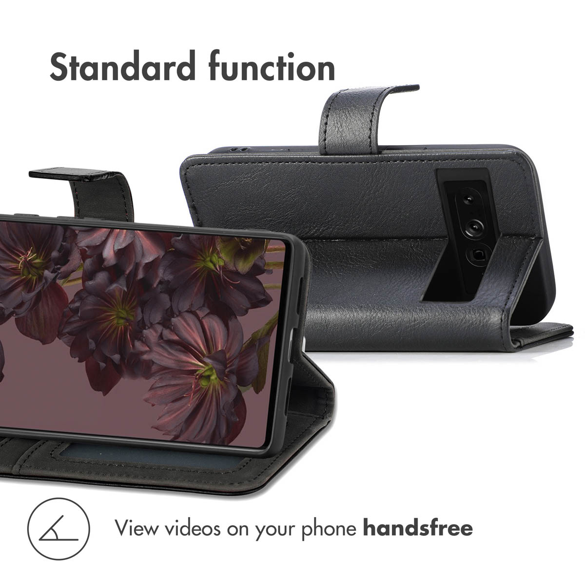 Una custodia a portafoglio in pelle nera per smartphone è aperta, mostra uno schermo floreale e il retro mostra il supporto.