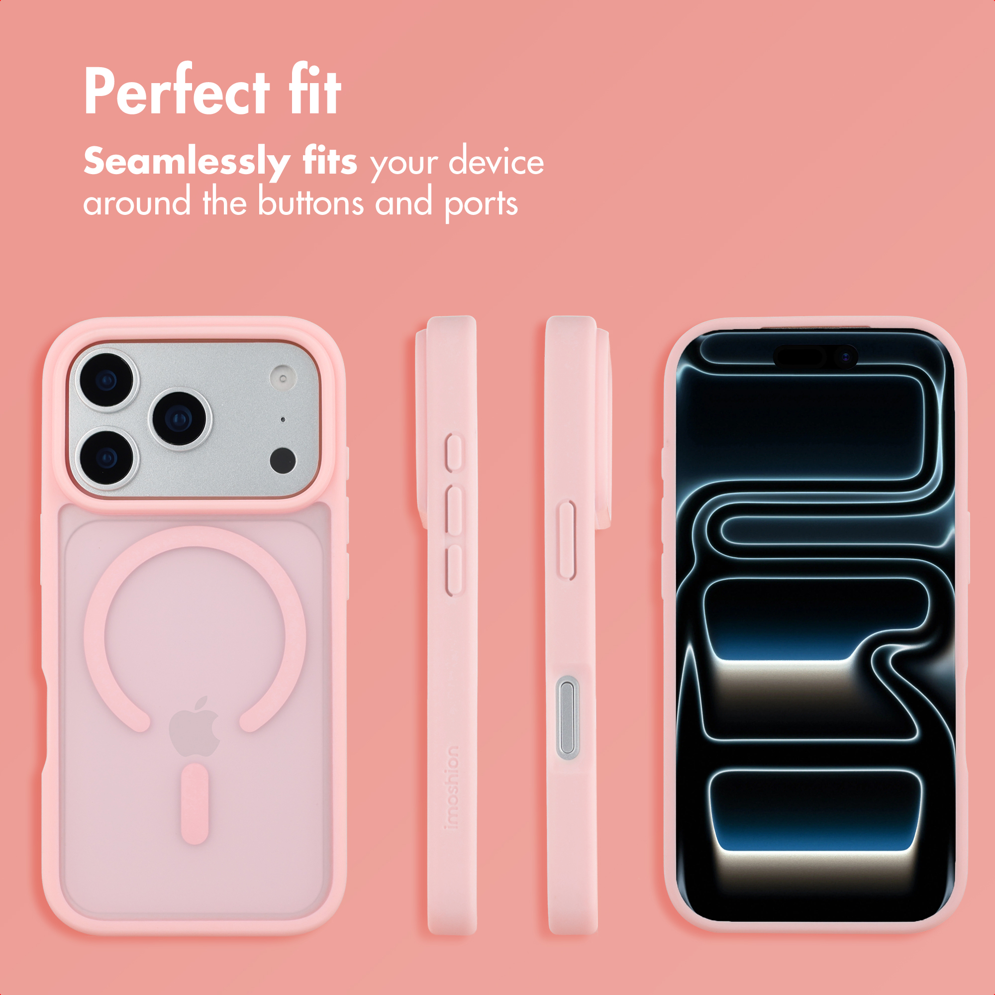 Pink smartphone case shown from multiple angles against a pink background, highlighting buttons and ports.