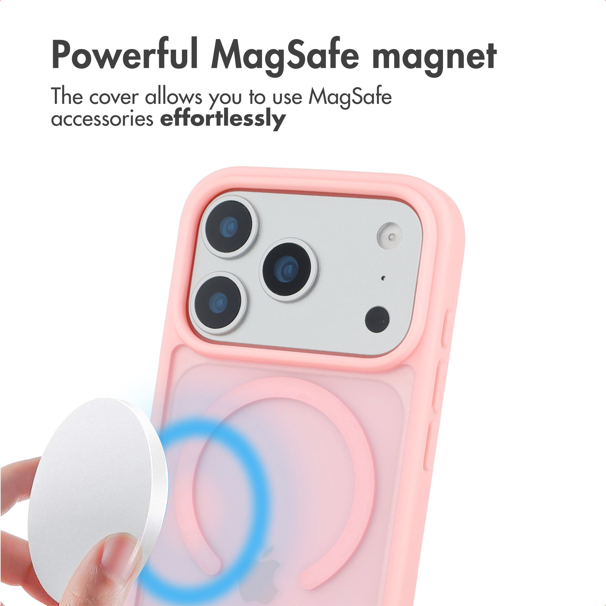 Close-up of a pink phone case with a MagSafe magnetic ring and a smartphone.