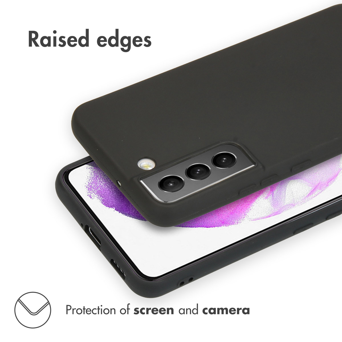 Un smartphone avec coque noire présente des bords surélevés pour protéger l'écran et la caméra.