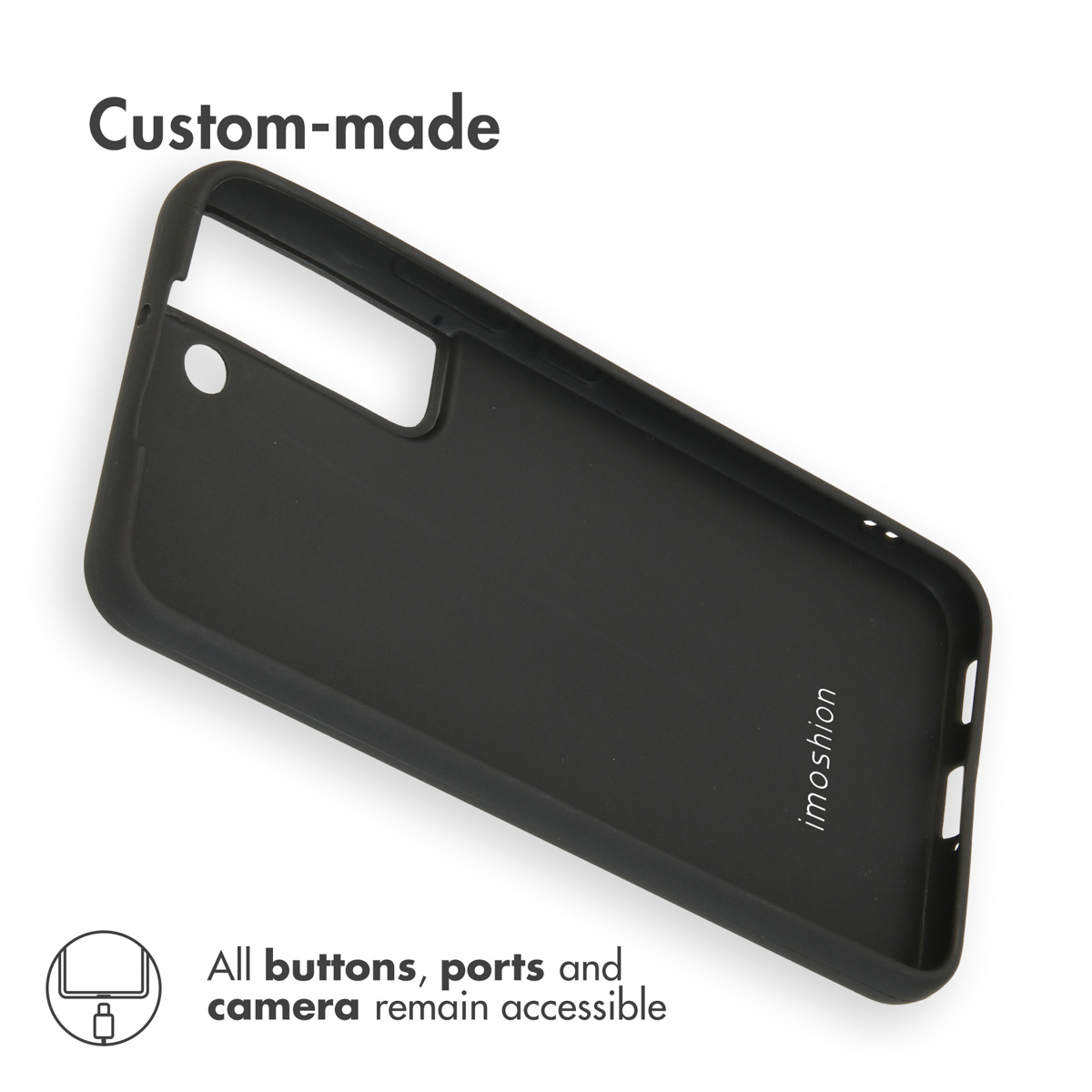 Coque de téléphone noire sur mesure avec découpes pour l'appareil photo et les ports.