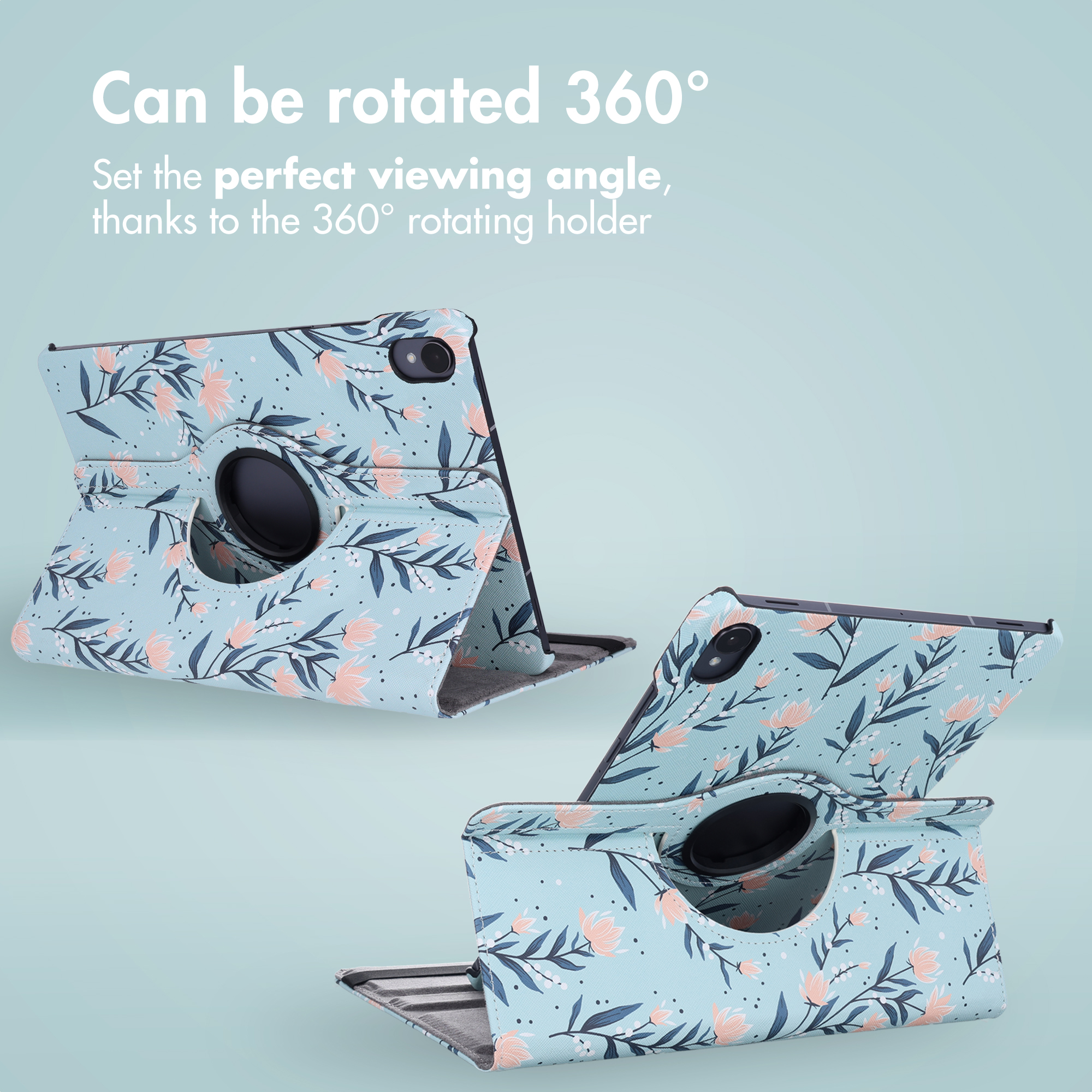 Tablet in blue-gray floral patterned case with 360-degree rotating holder.