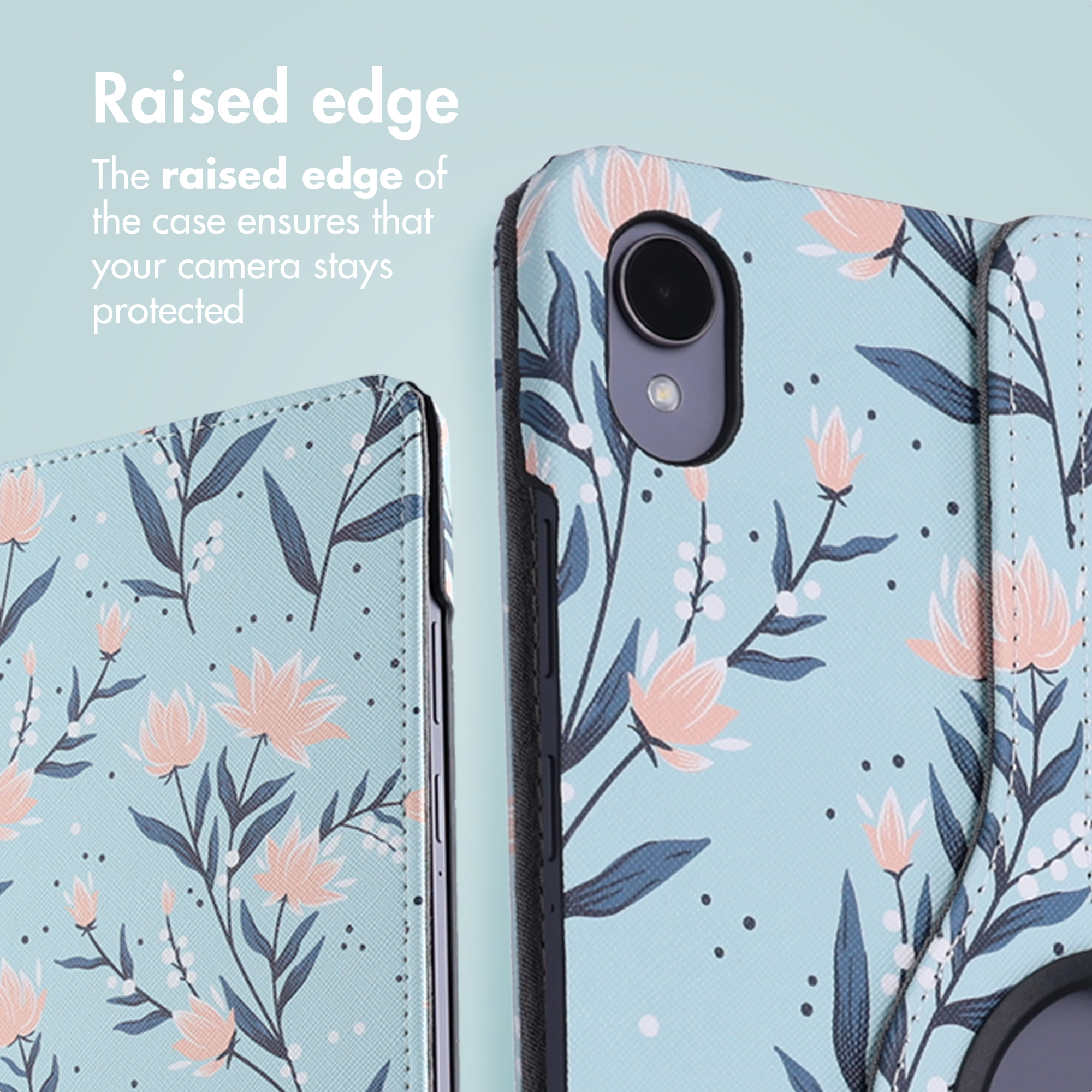 A light blue tablet case with pink flowers and dark leaves featuring a raised edge for camera protection.