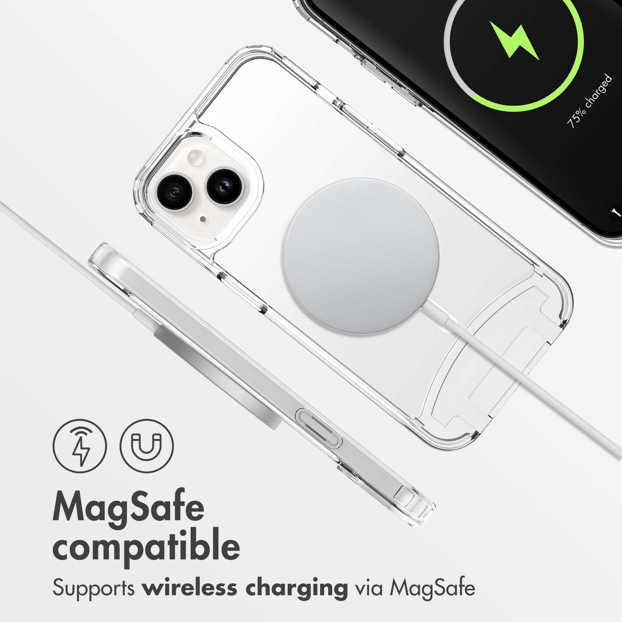 Funda de teléfono transparente con carga MagSafe e iconos sobre fondo blanco.