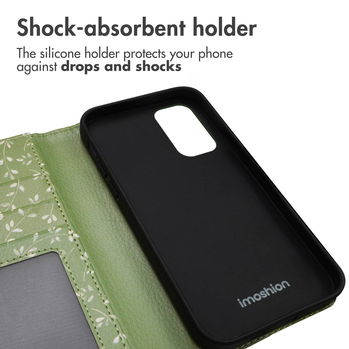 Custodia verde per telefono con motivo a foglia e supporto in silicone nero.