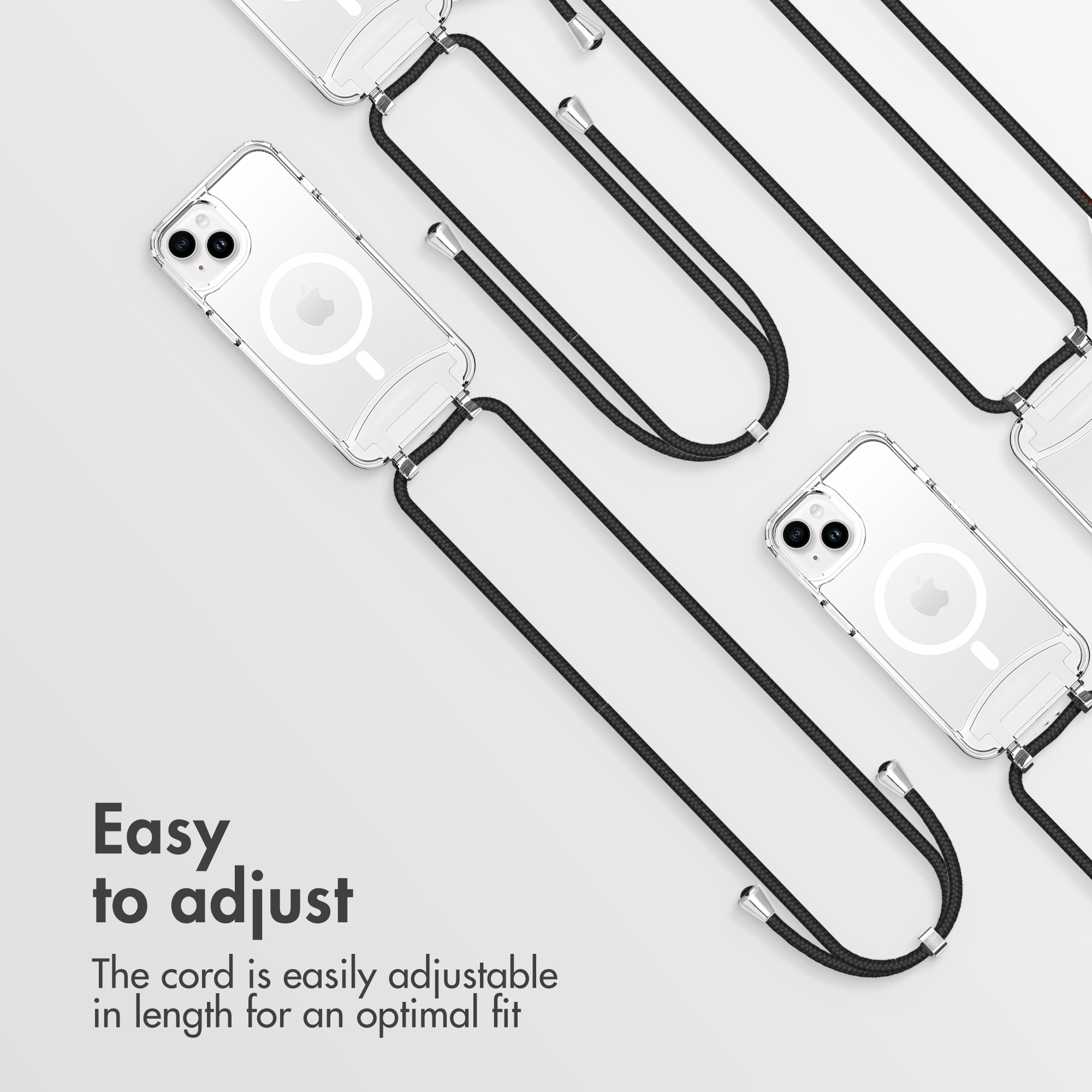 Fundas transparentes para teléfonos con cordones negros ajustables sobre fondo claro.