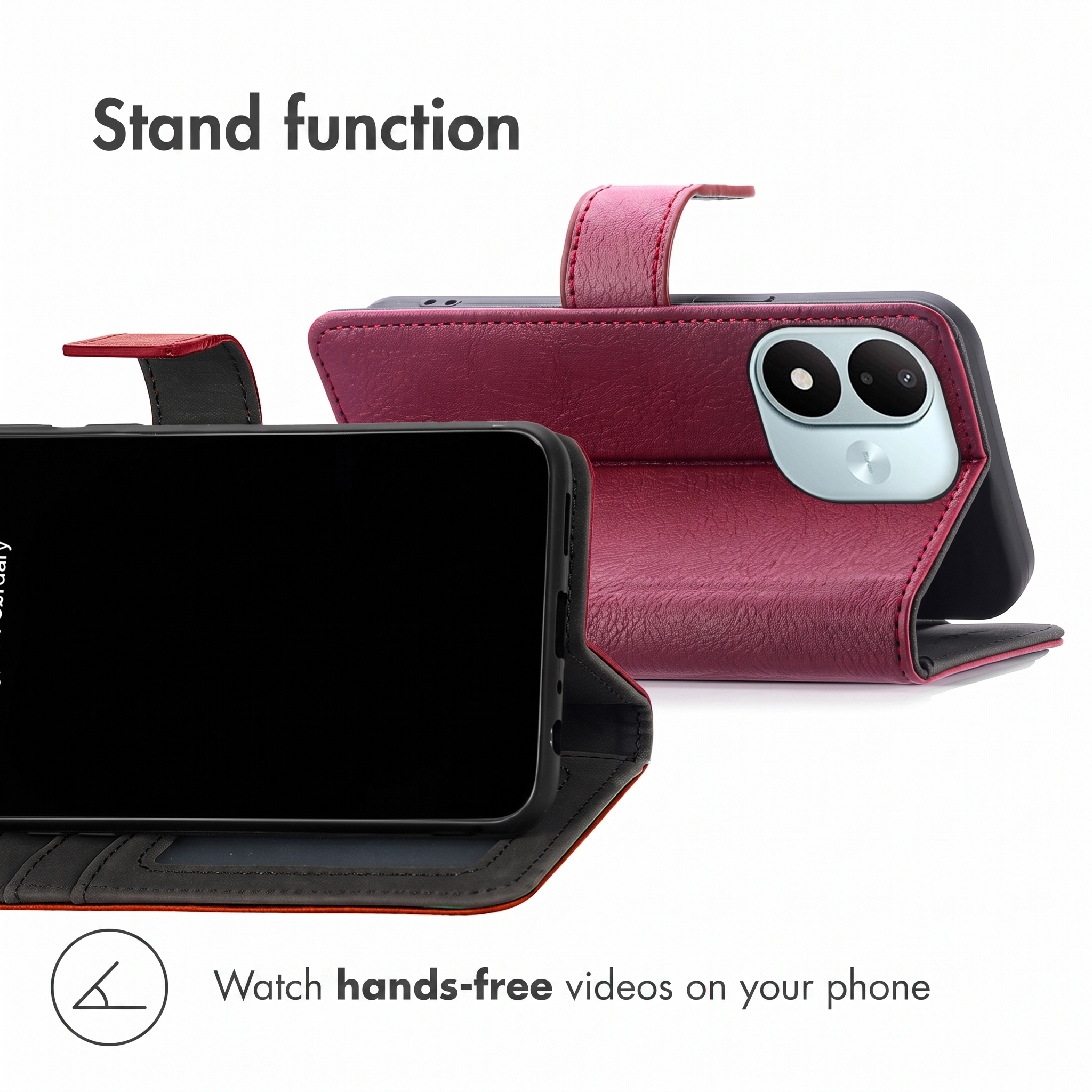 A maroon leather smartphone wallet case configured as a stand, demonstrating the hands-free viewing feature.