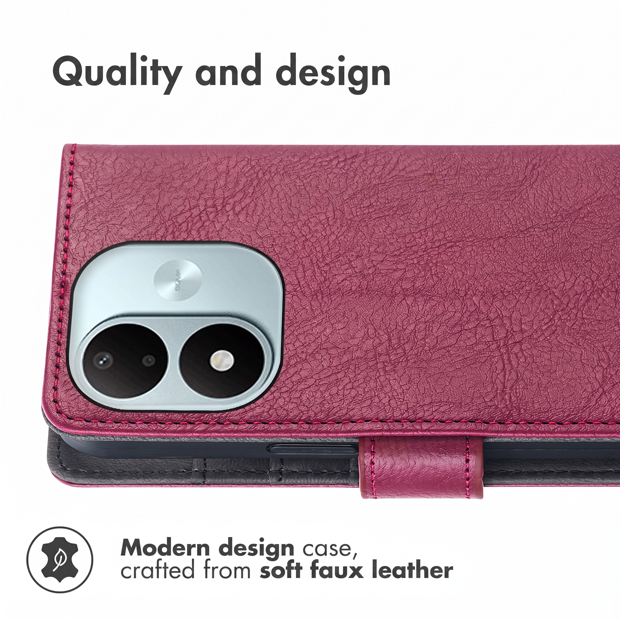 A magenta faux leather phone case with a dual-camera module, featuring text Quality and design above and Modern design below.