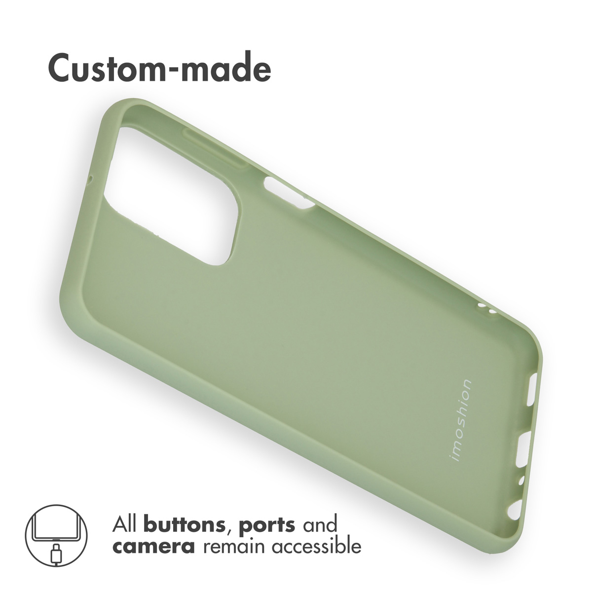 Une coque de smartphone vert clair mat sur fond blanc avec le texte Custom-made.