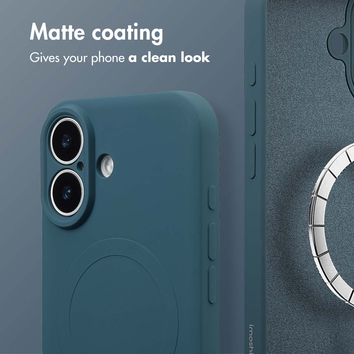 Custodia per smartphone blu scuro con rivestimento opaco e ritagli per fotocamera.