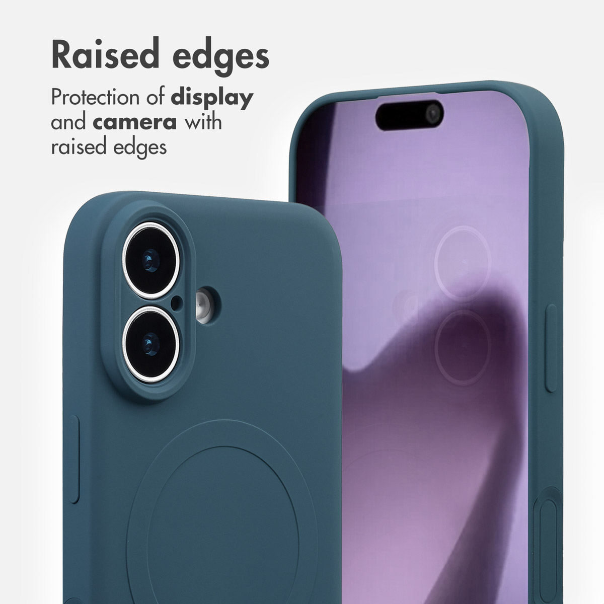 Custodia per smartphone blu con bordi rialzati per proteggere schermo e fotocamera.