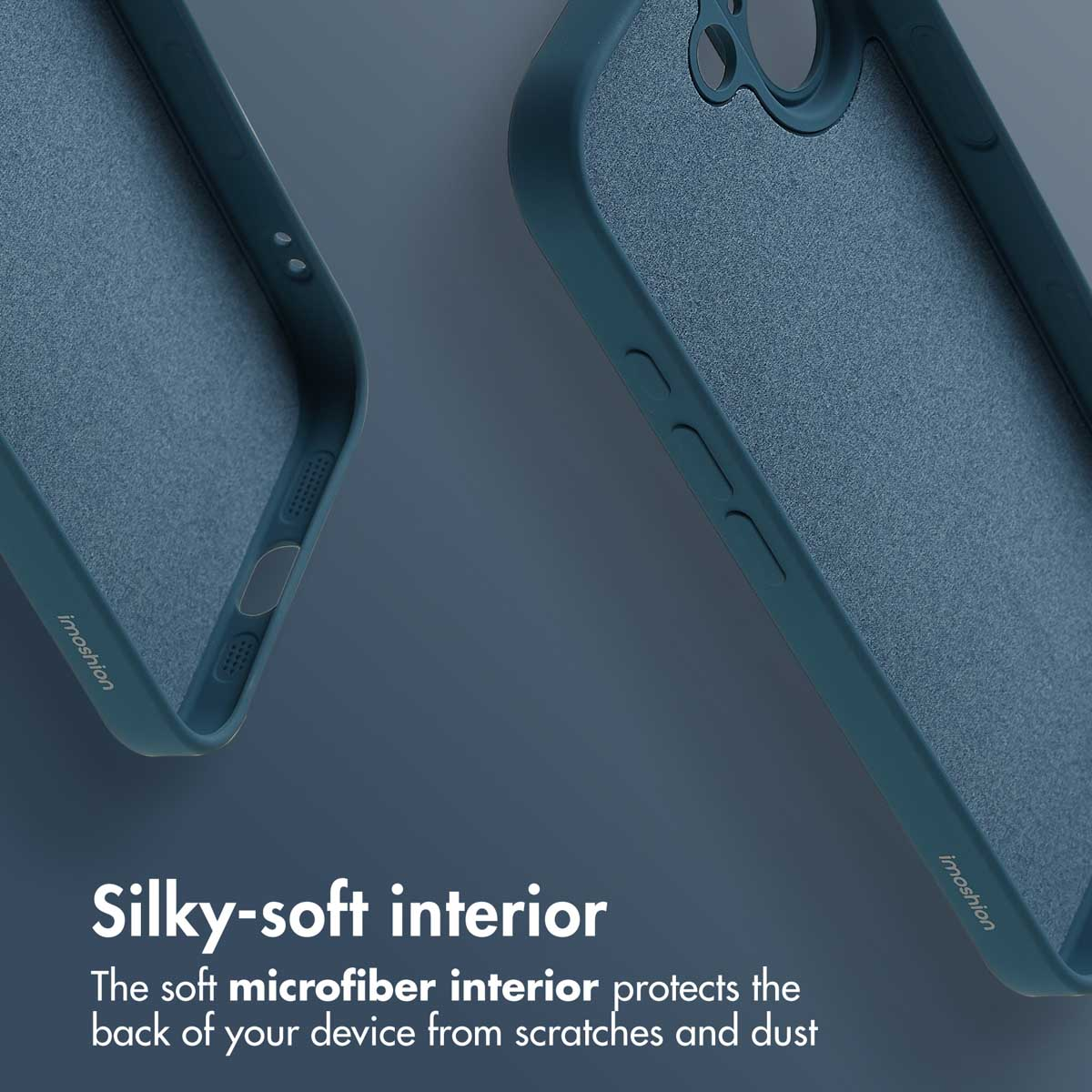 Due custodie per telefono blu scuro con interni in morbida microfibra, su sfondo scuro con testo promozionale bianco.