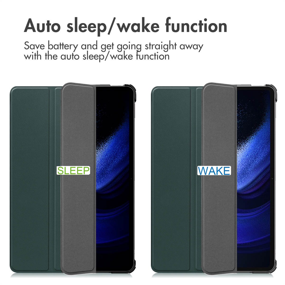 Tablet in green case showing auto sleep/wake function with closed and open cover.