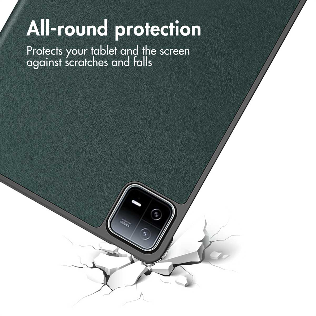 Dark green tablet case with camera cutout on a white cracked background with protective text.
