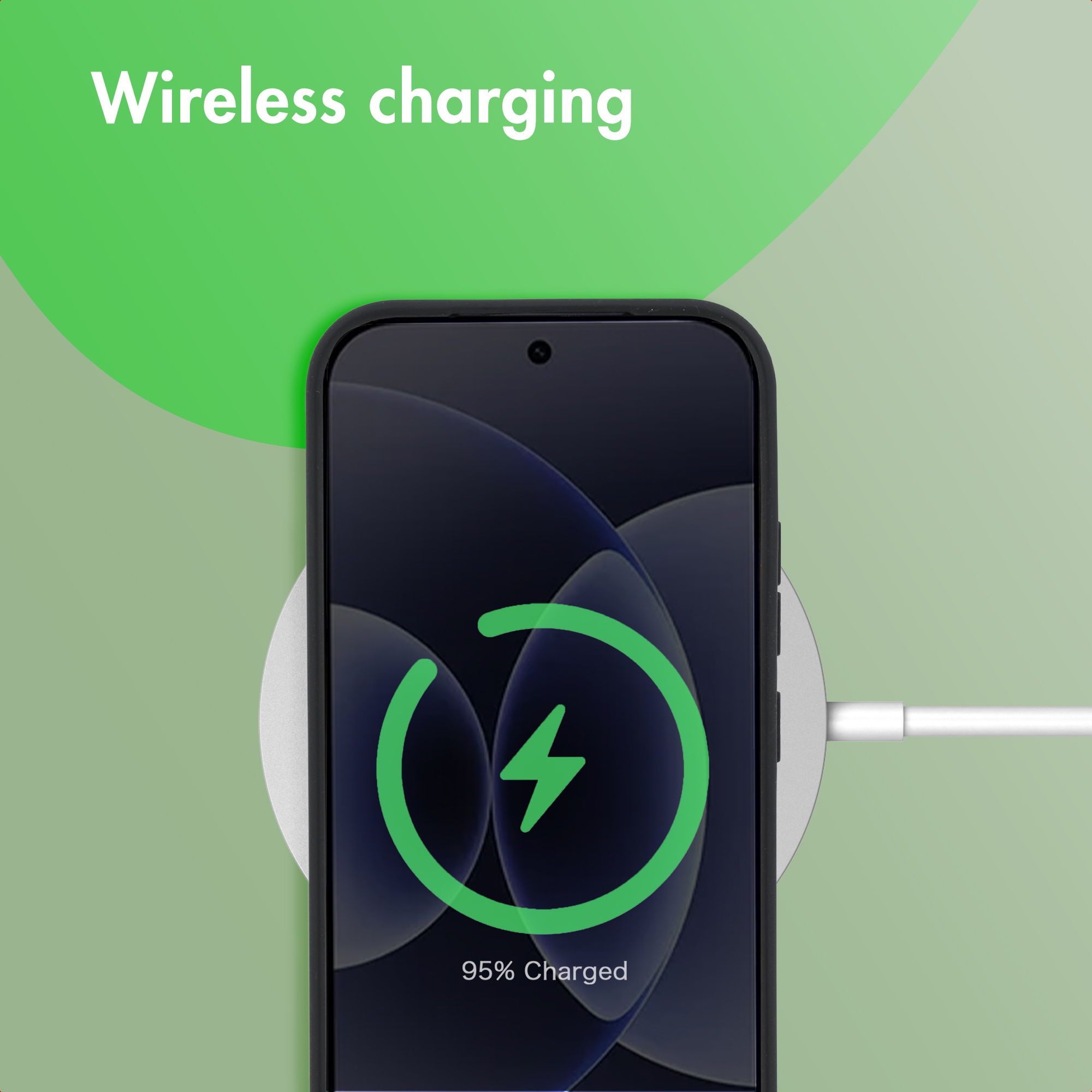 Un teléfono inteligente en un cargador inalámbrico redondo con icono de carga verde.