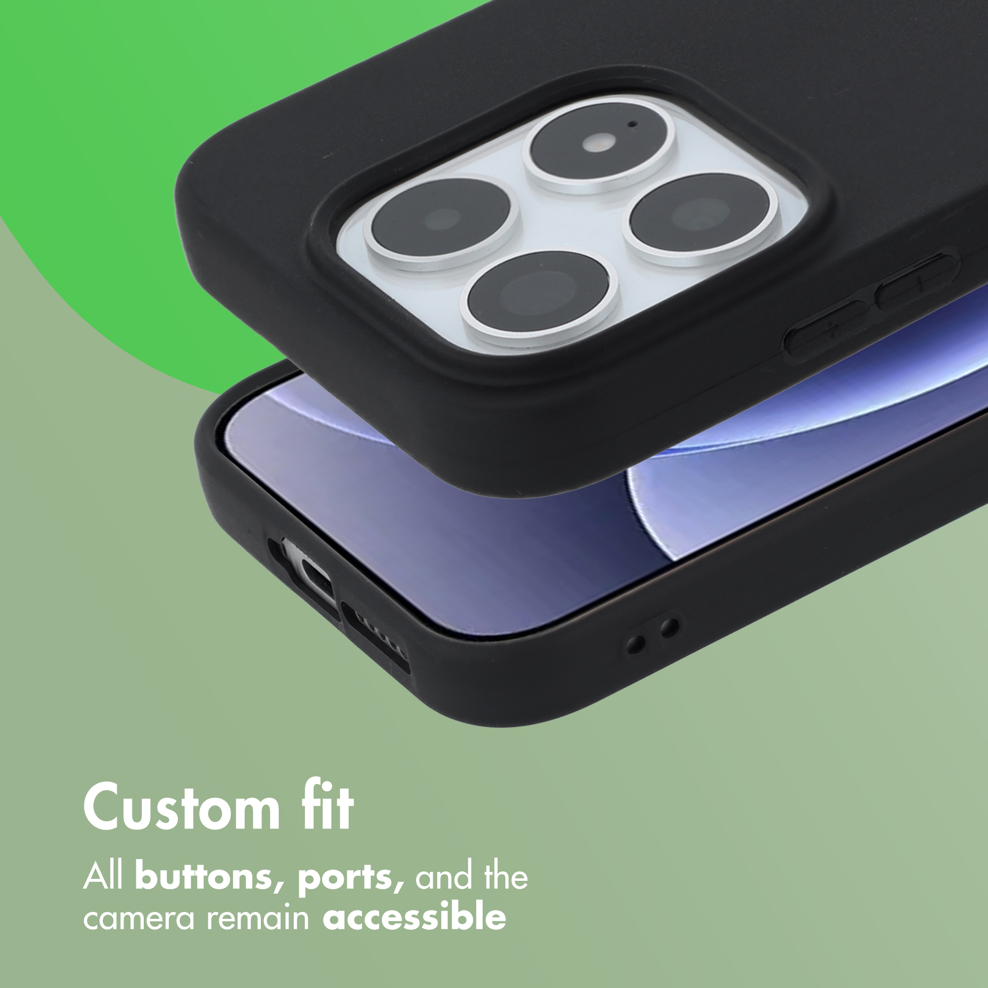 Un smartphone en funda protectora negra con cuatro lentes de cámara y puertos sobre fondo verde.