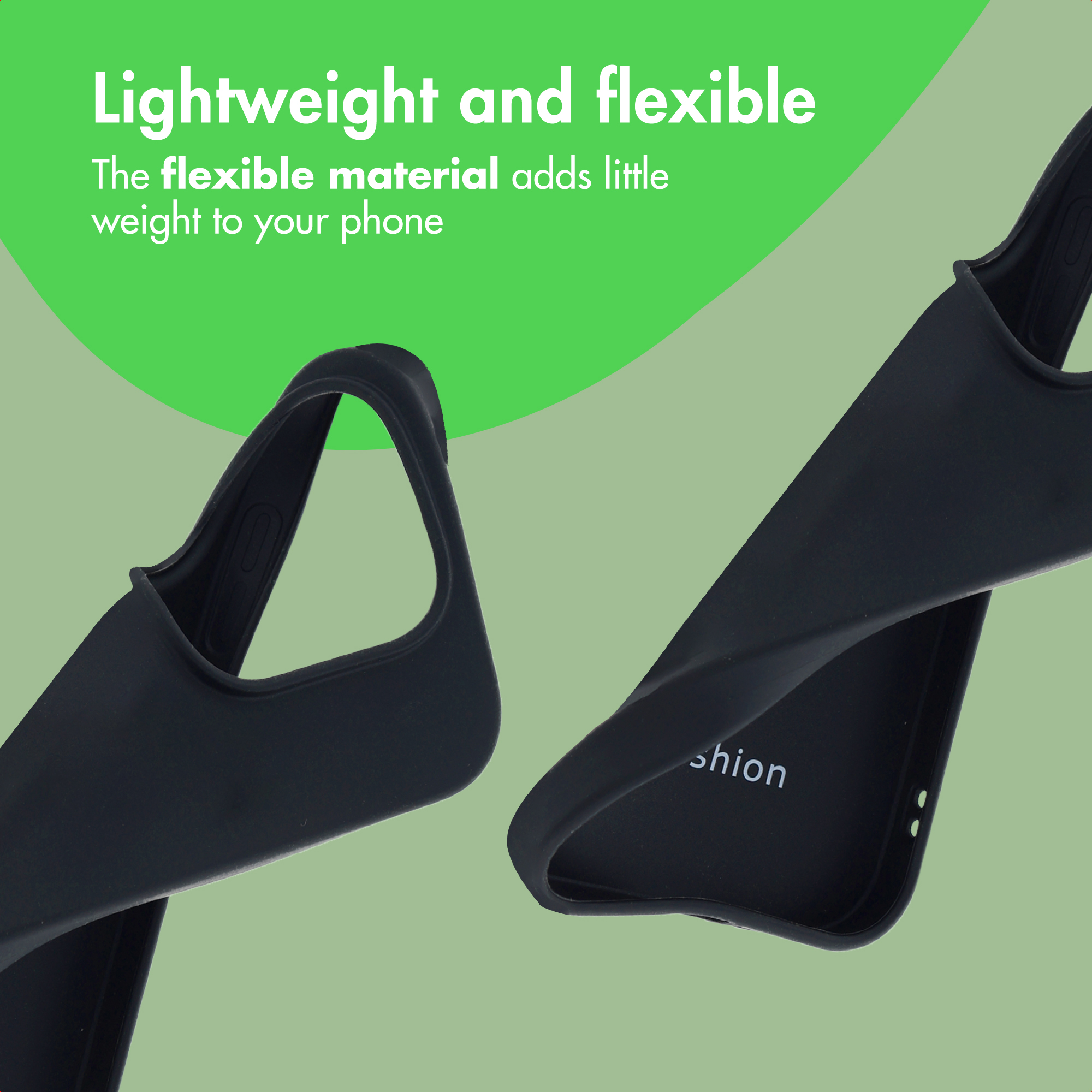 Dos fundas de teléfono negras y flexibles sobre fondo verde con texto blanco sobre su diseño ligero.