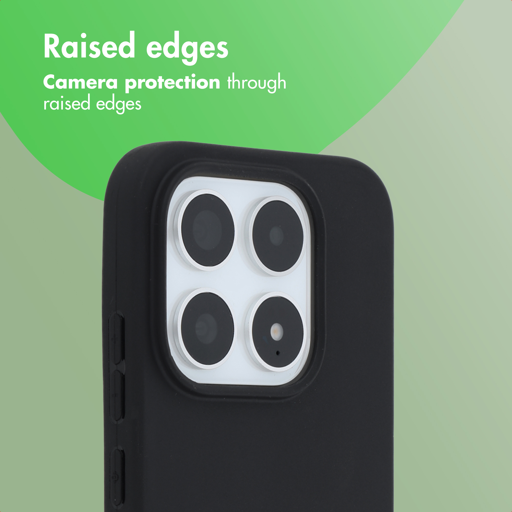Bordes elevados de una funda protectora negra alrededor de la cámara de un smartphone.