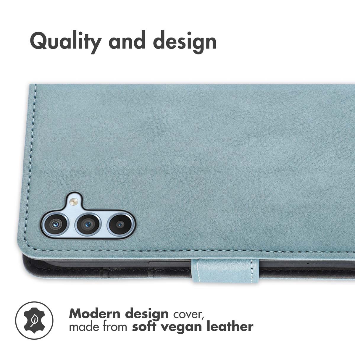 Coque de téléphone en cuir végétalien bleu clair avec découpes pour appareil photo.