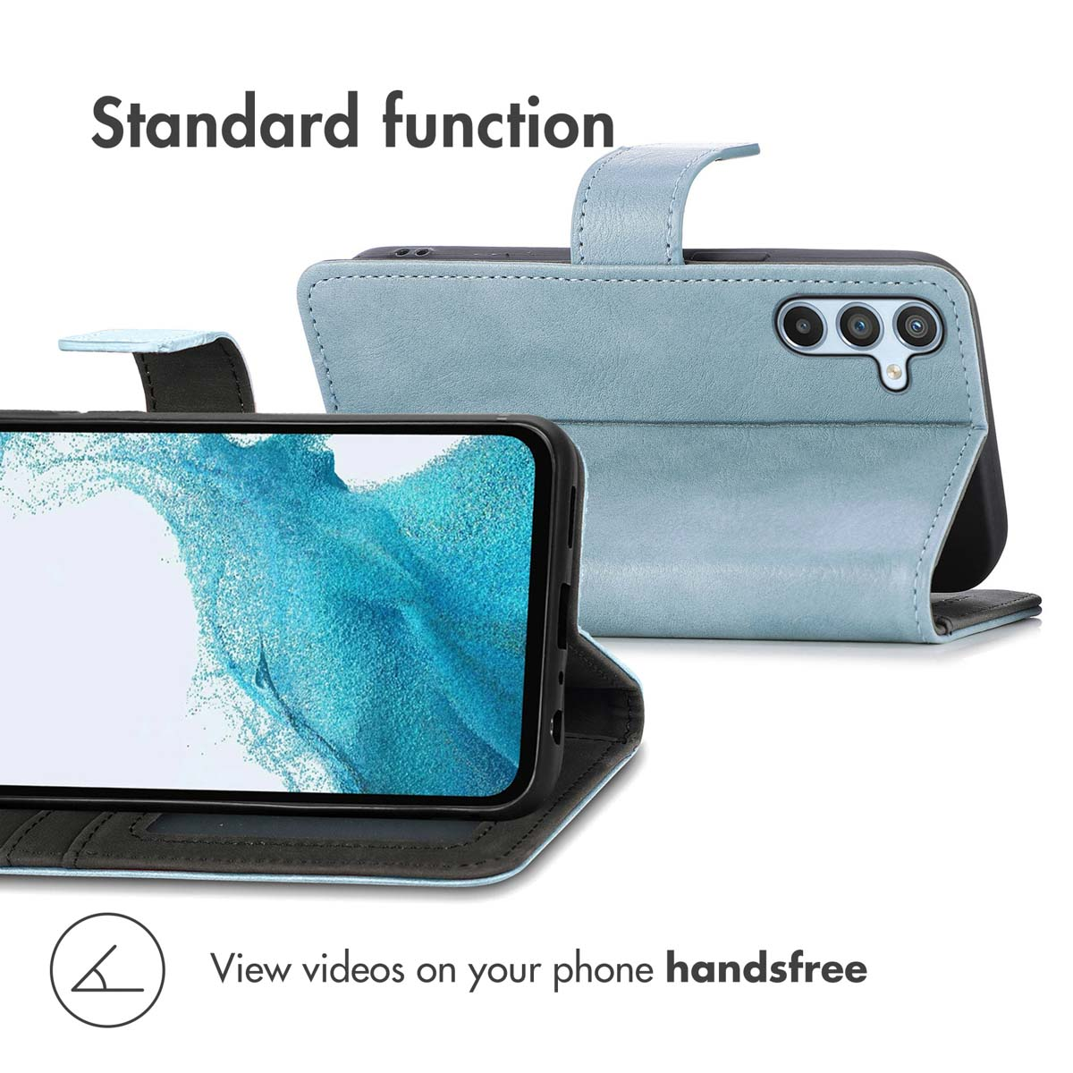Étui de téléphone portefeuille en cuir bleu clair maintenant un smartphone droit, avec du texte en haut et en bas.