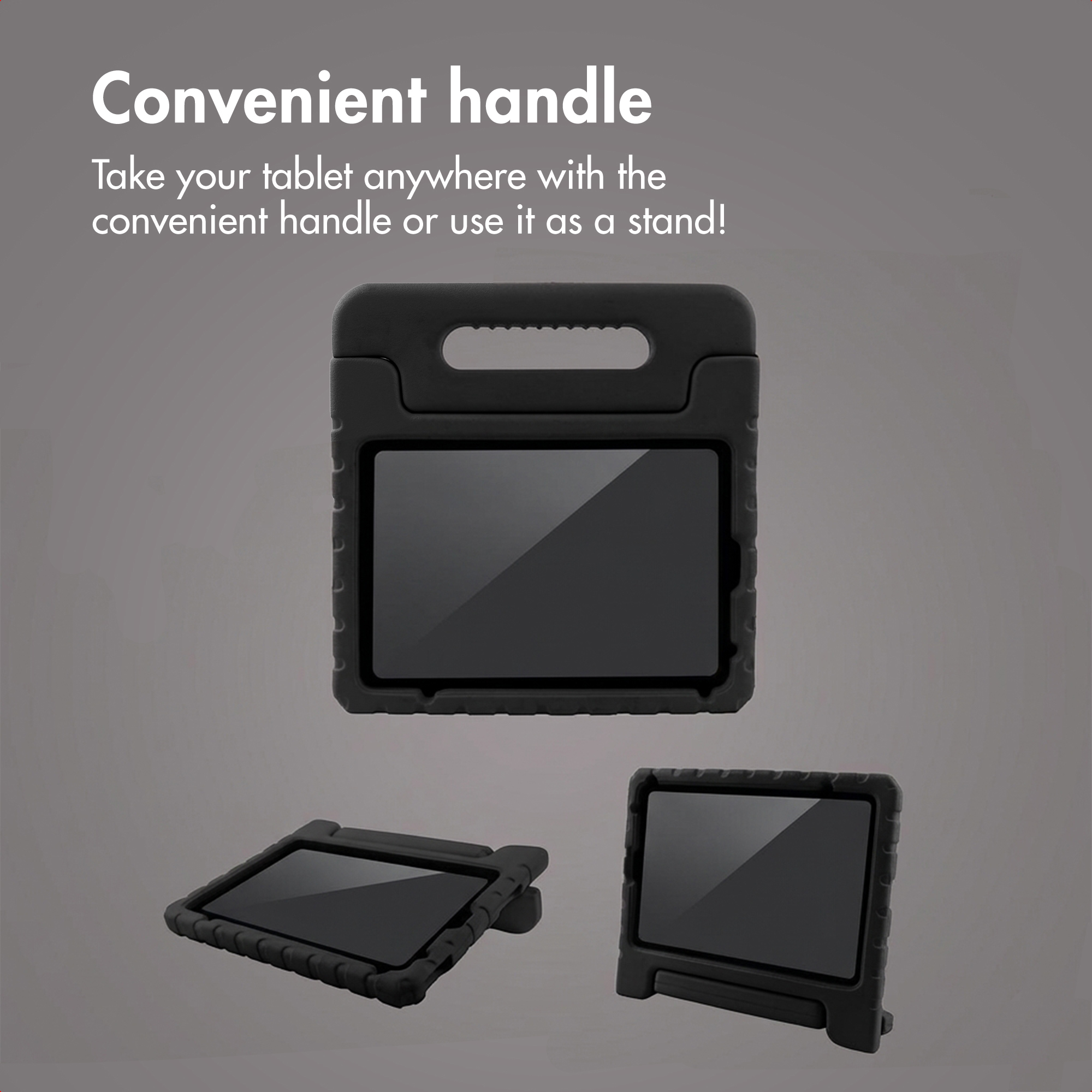 Black protective tablet case with an integrated carry handle and stand function in various angles.