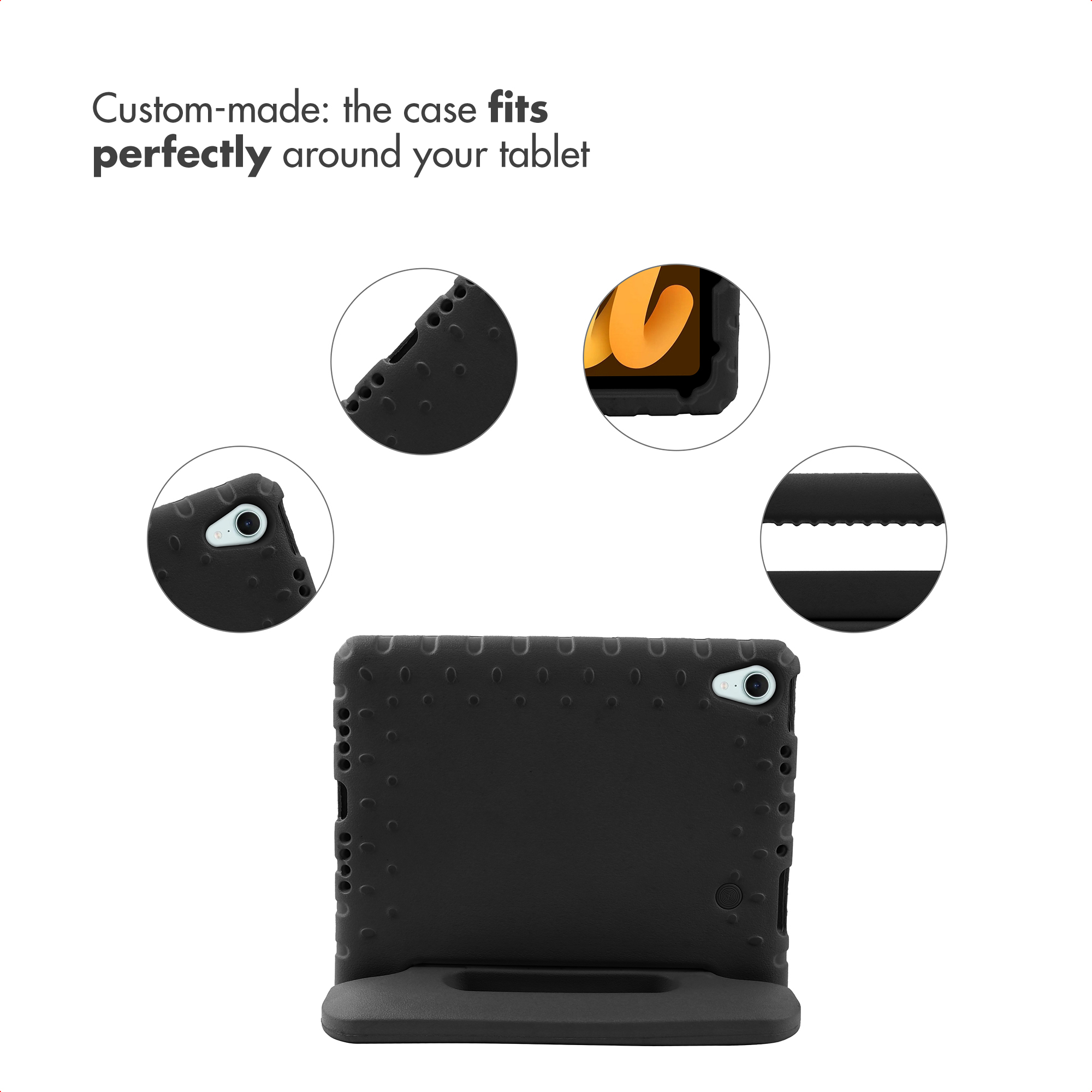 Black tablet case with built-in stand and four circular detail callouts.