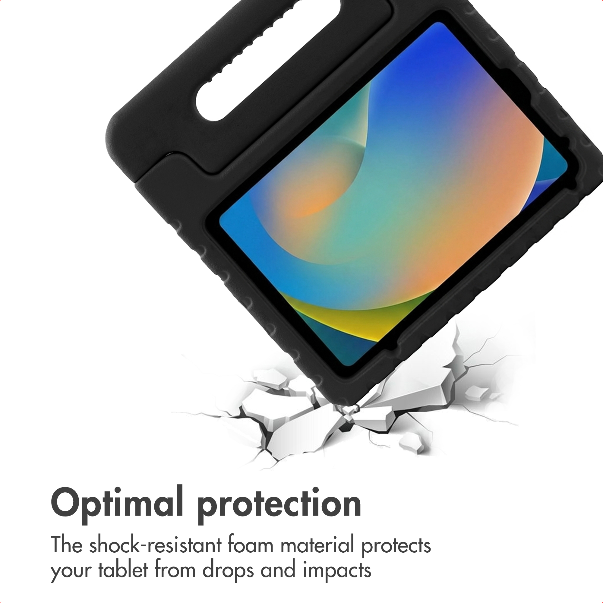A tablet in a black protective case over cracked ground with text about optimal protection.