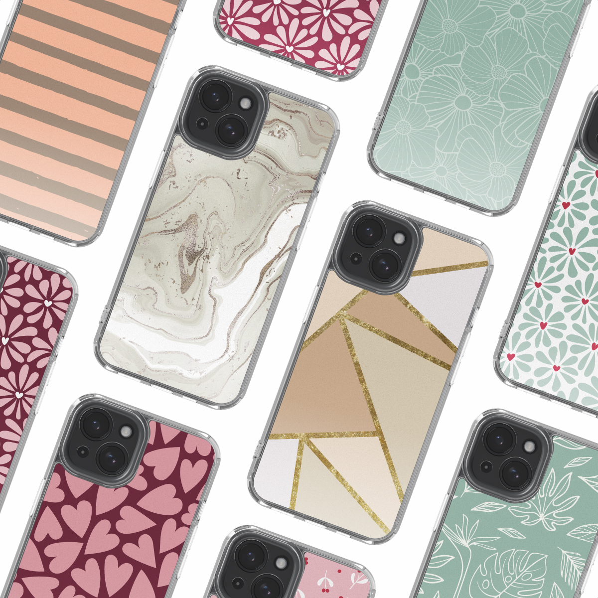 Een collectie smartphones met diverse beschermhoesjes met patronen van strepen, marmer, bloemen en harten.