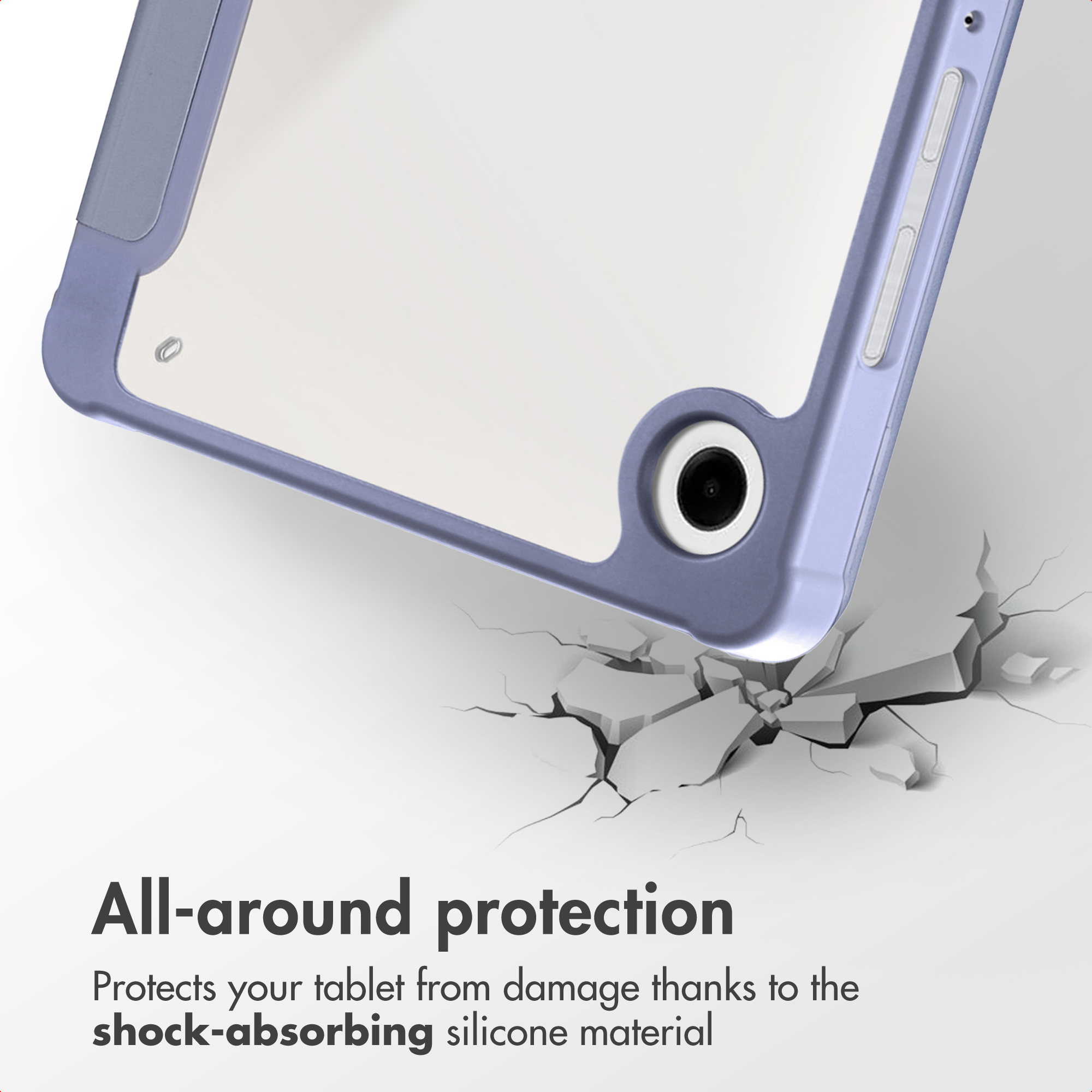 A tablet in a protective case above a cracked surface, illustrating shock absorption.