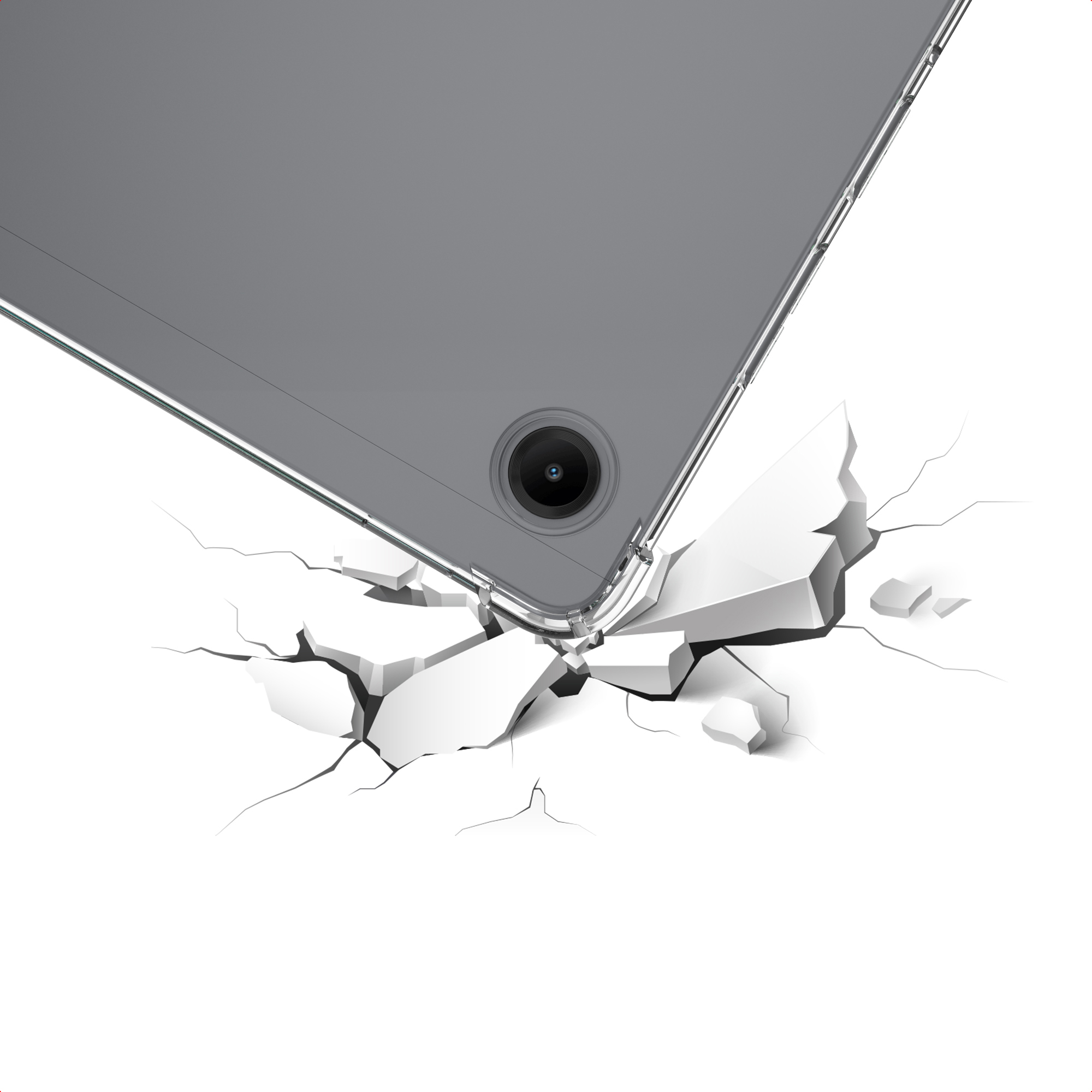Une tablette percute une surface blanche fissurée, montrant l'objectif de la caméra.