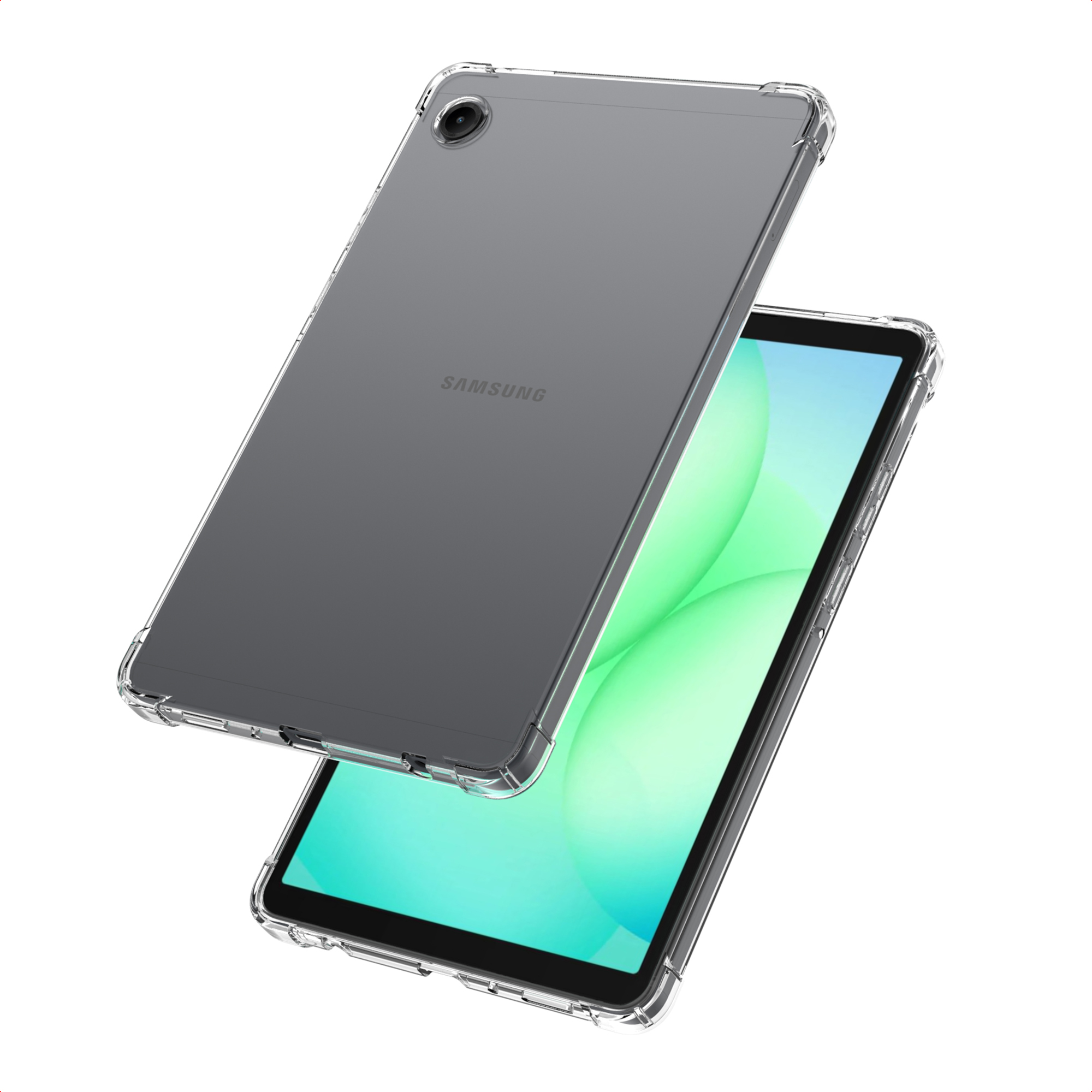 Une tablette Samsung grise dans une coque de protection transparente, inclinée.