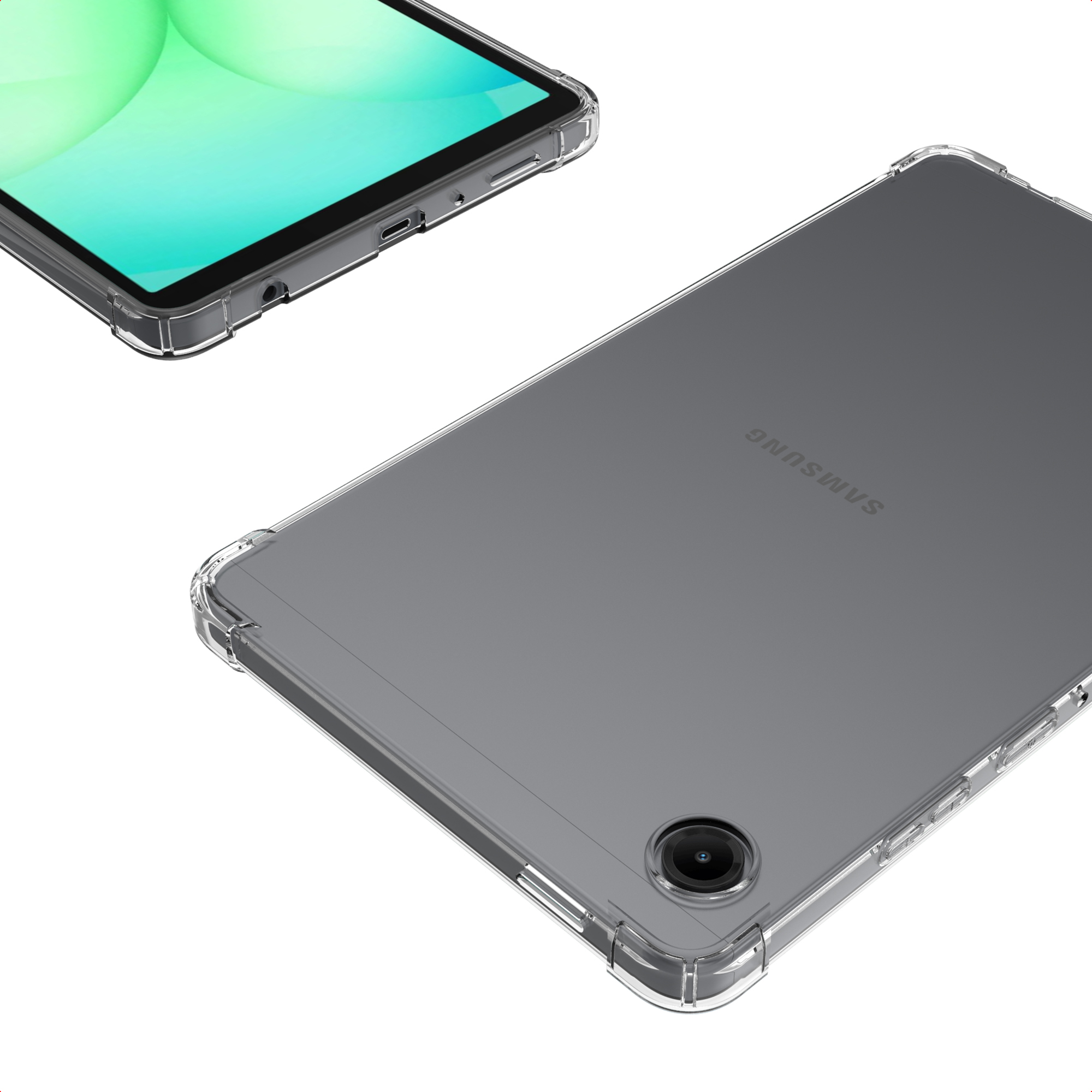 Une tablette grise Samsung dans une coque de protection transparente, vue de face et de dos sur fond blanc.