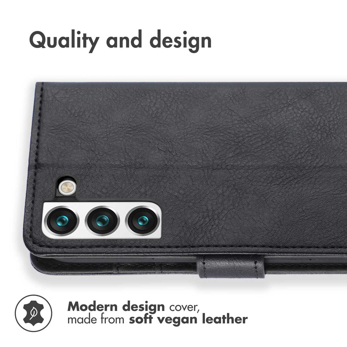 Coque de téléphone en cuir vegan noir avec découpe pour appareil photo et texte.