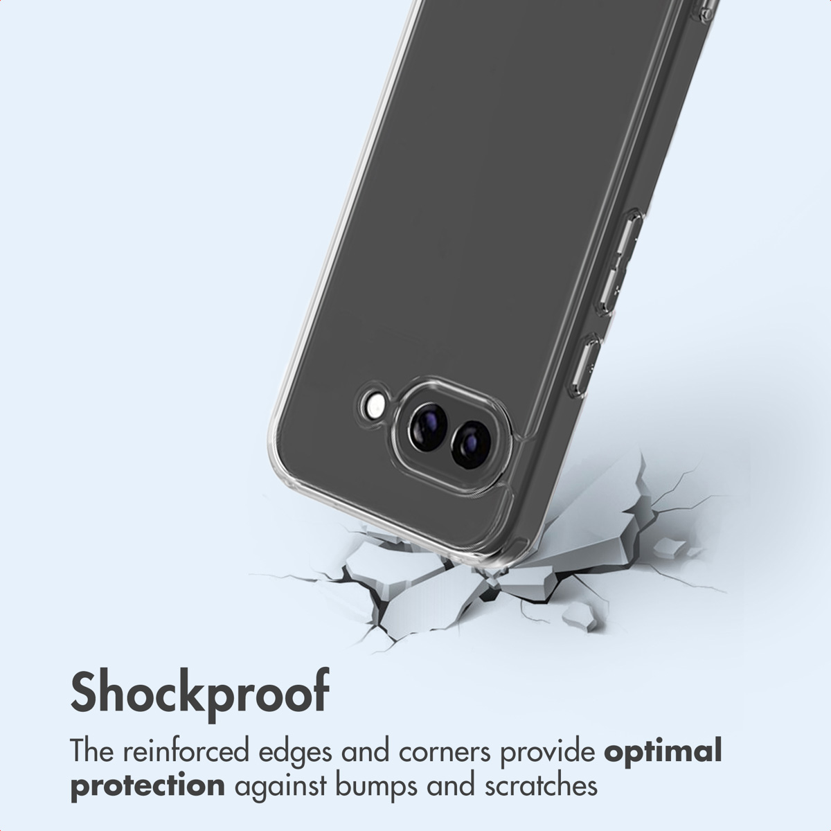 Uno smartphone in una custodia protettiva trasparente sopra una superficie incrinata.