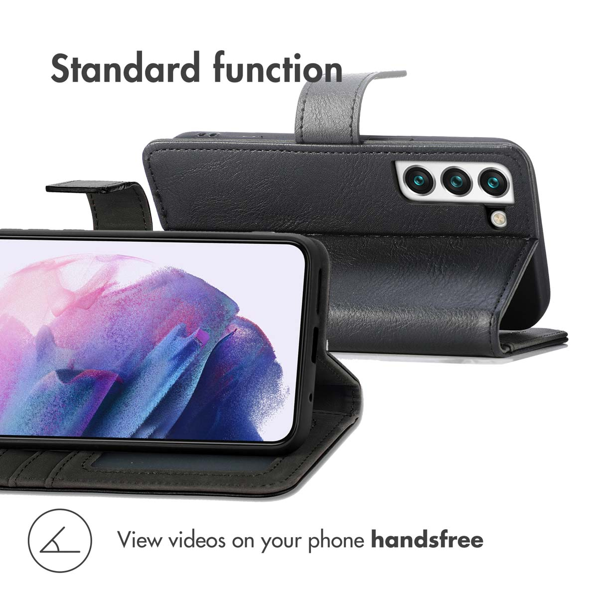 Étui de téléphone en cuir noir avec support et écran affiché.