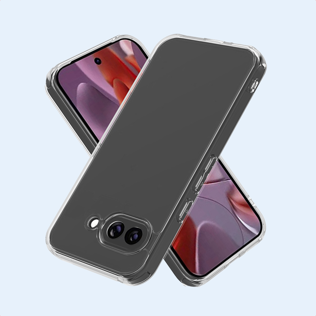Due smartphone in custodie trasparenti si incrociano su sfondo chiaro.