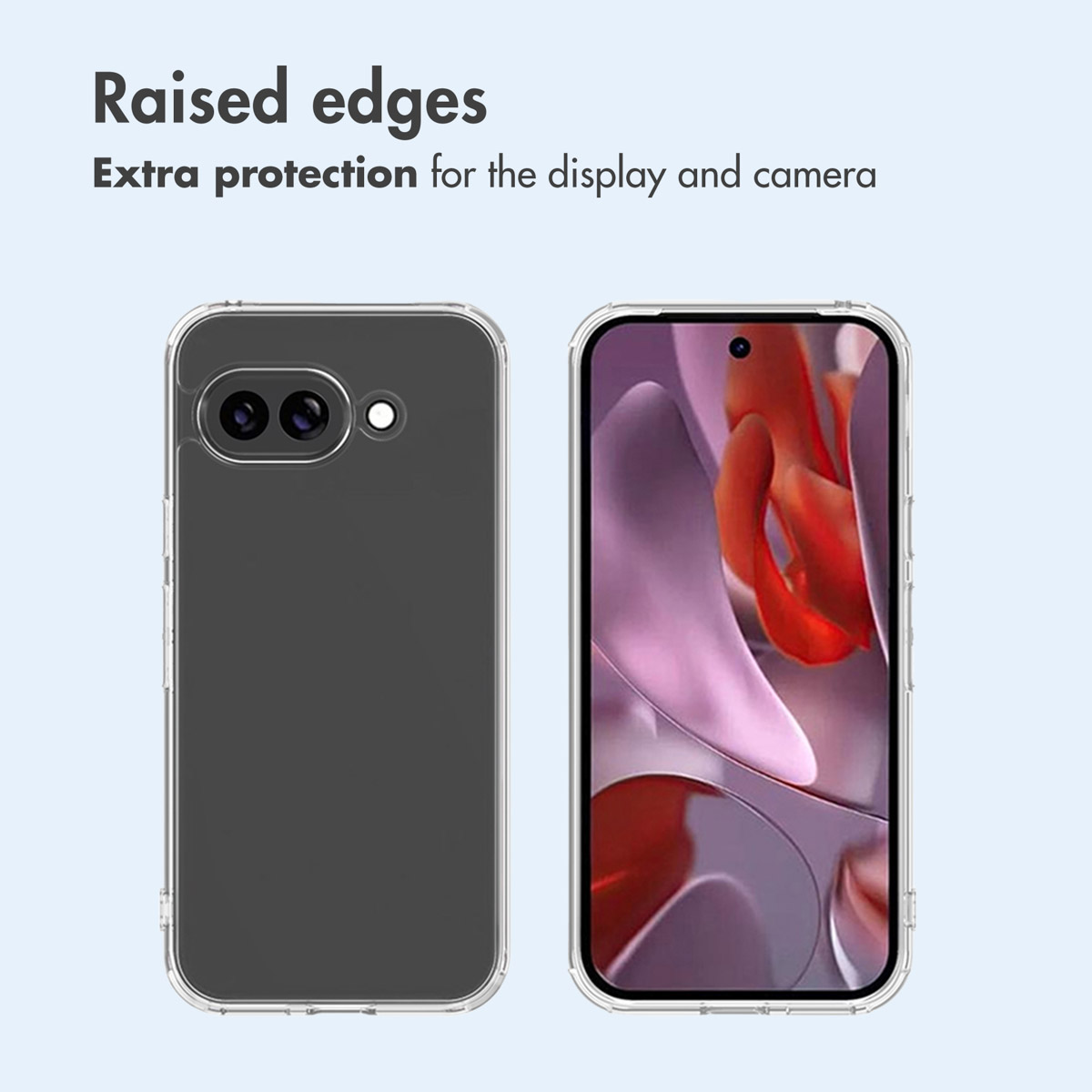 Due smartphone in cover trasparenti con bordi rialzati per proteggere schermo e fotocamera.