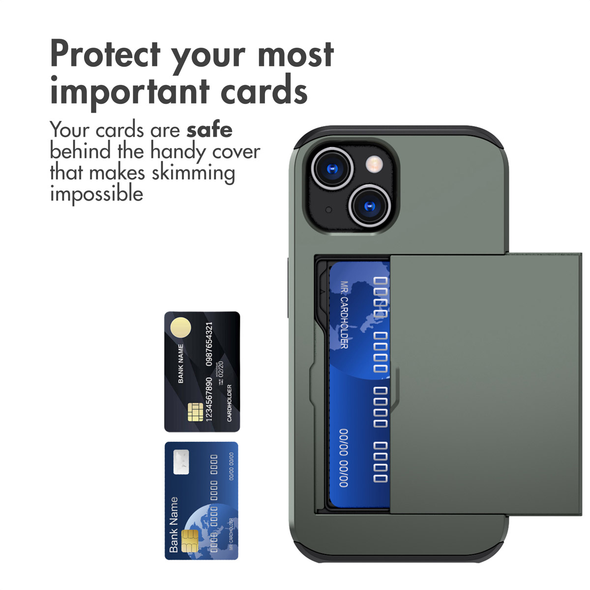 Green phone case with a built-in card holder on the back and two separate credit cards.