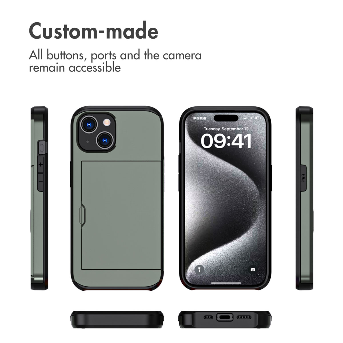 Green smartphone case from multiple angles, featuring a card slot and accessible buttons, ports, and camera.