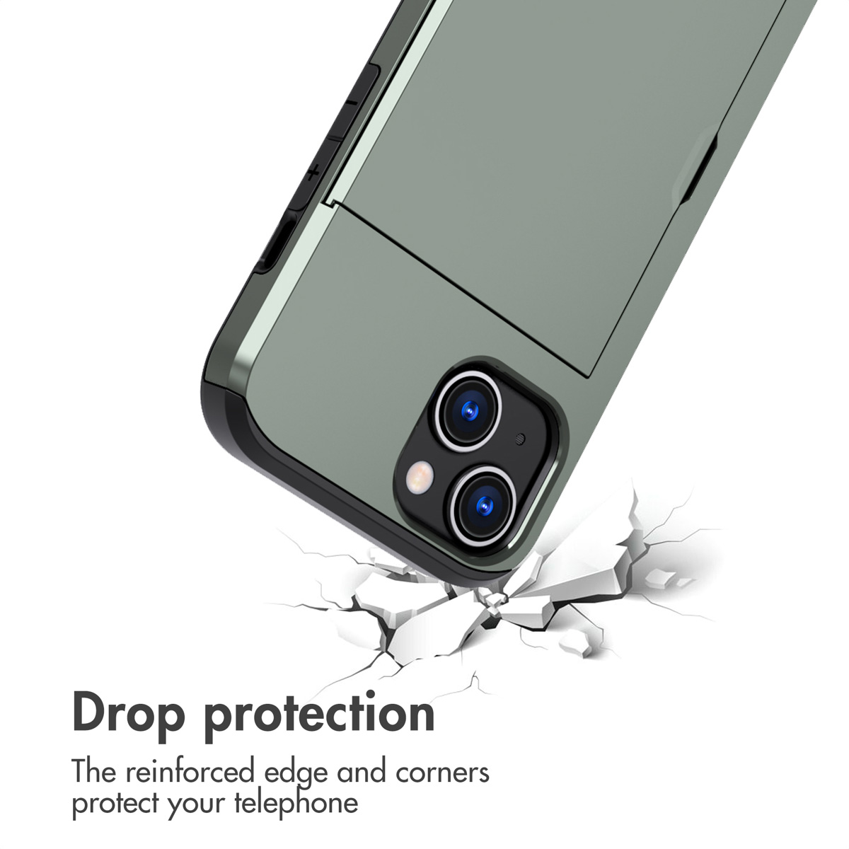 Green phone case with camera and cracked white floor underneath, plus text Drop protection.