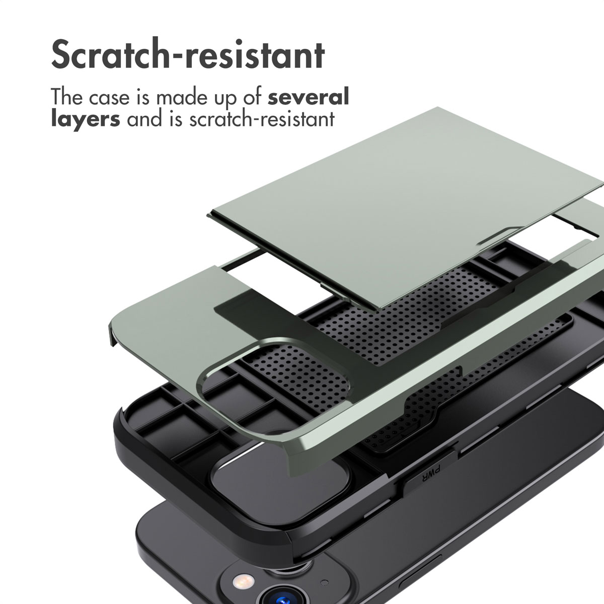 Exploded view of a scratch-resistant, multi-layered smartphone case.