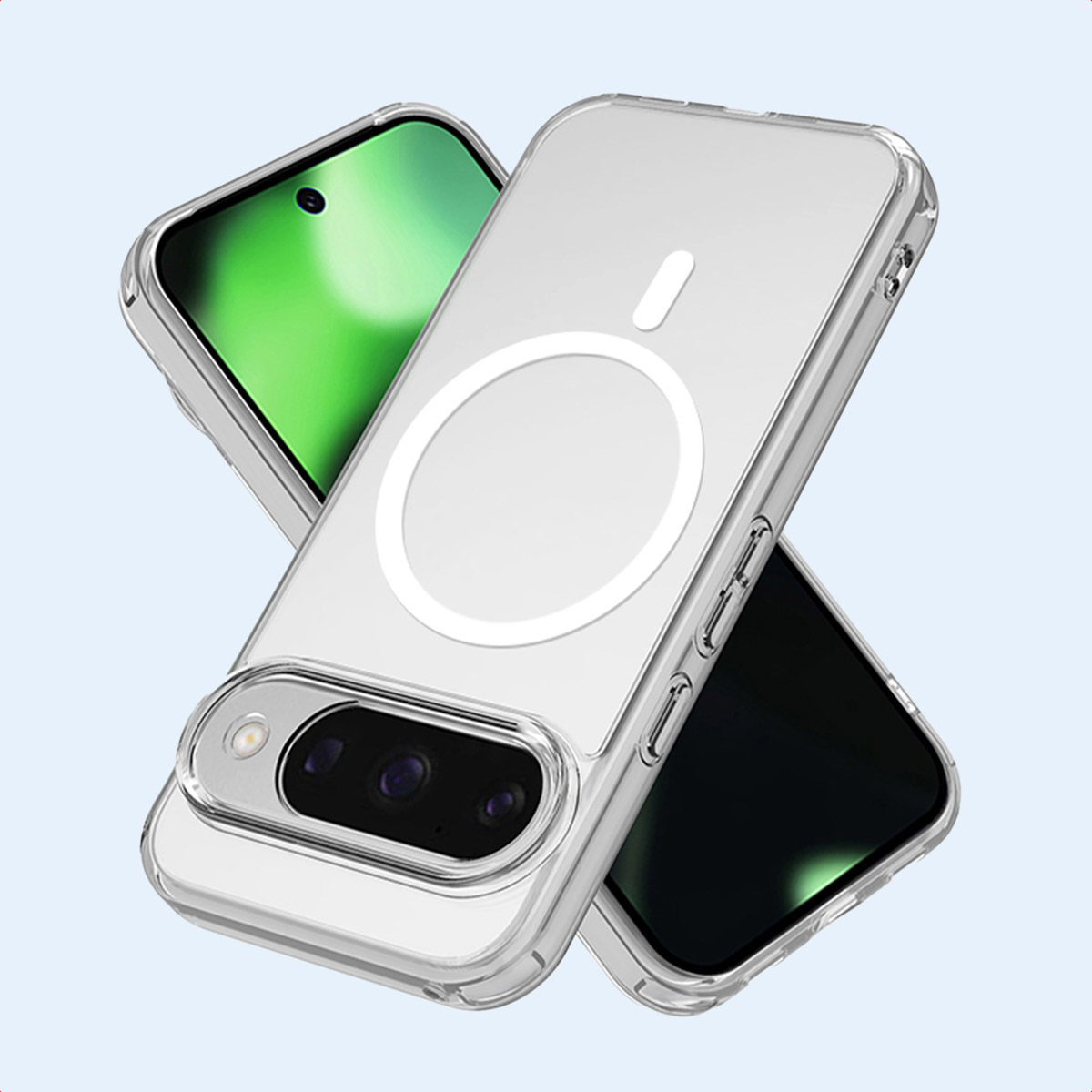 Due smartphone con cover trasparenti MagSafe su sfondo azzurro.